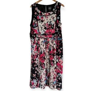 Adrianna Papell Black and Pink Floral Midi Dress